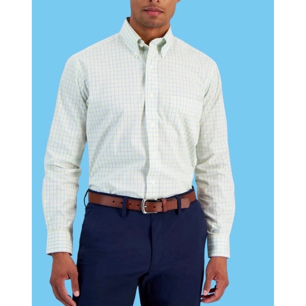 Club Room Men's Regular-Fit Gingham Cotton Dress Shirt Yellow Blue 17 32-33